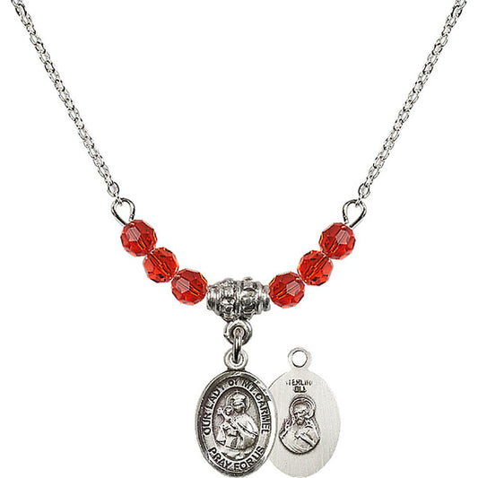 Sterling Silver Our Lady of Mount Carmel Birthstone Necklace with Ruby Beads - 9243