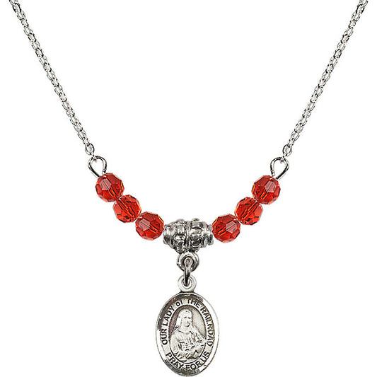 Sterling Silver Our Lady of the Railroad Birthstone Necklace with Ruby Beads - 9247