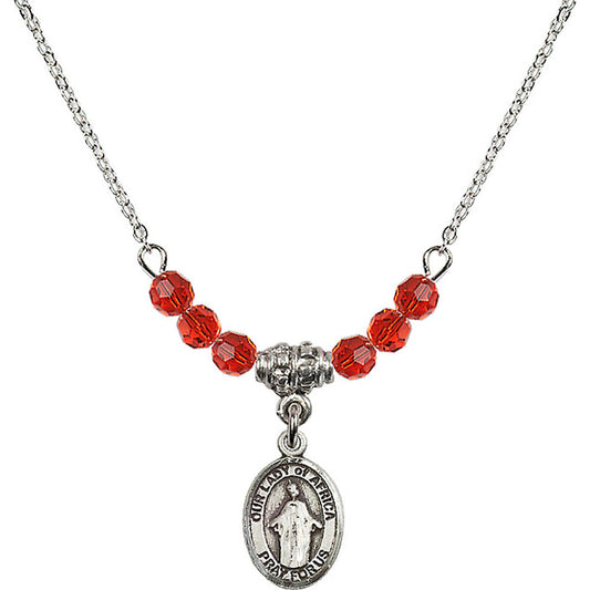 Sterling Silver Our Lady of Africa Birthstone Necklace with Ruby Beads - 9269