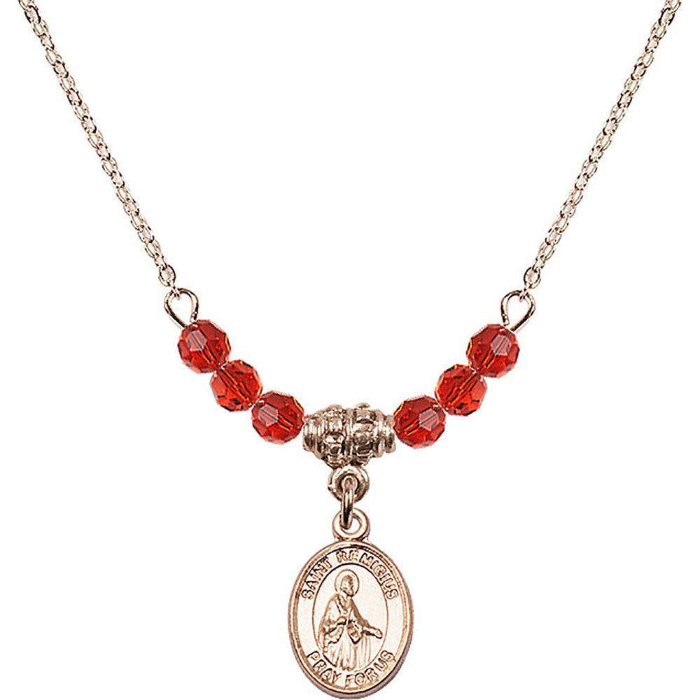14kt Gold Filled Saint Remigius of Reims Birthstone Necklace with Ruby Beads - 9274