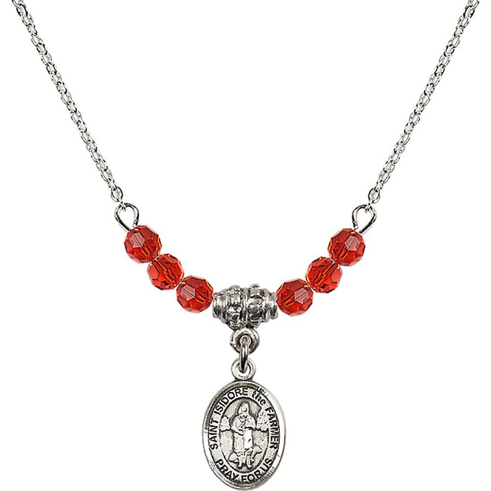 Sterling Silver Saint Isidore the Farmer Birthstone Necklace with Ruby Beads - 9276