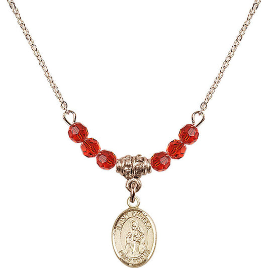 14kt Gold Filled Saint Angela Merici Birthstone Necklace with Ruby Beads - 9284