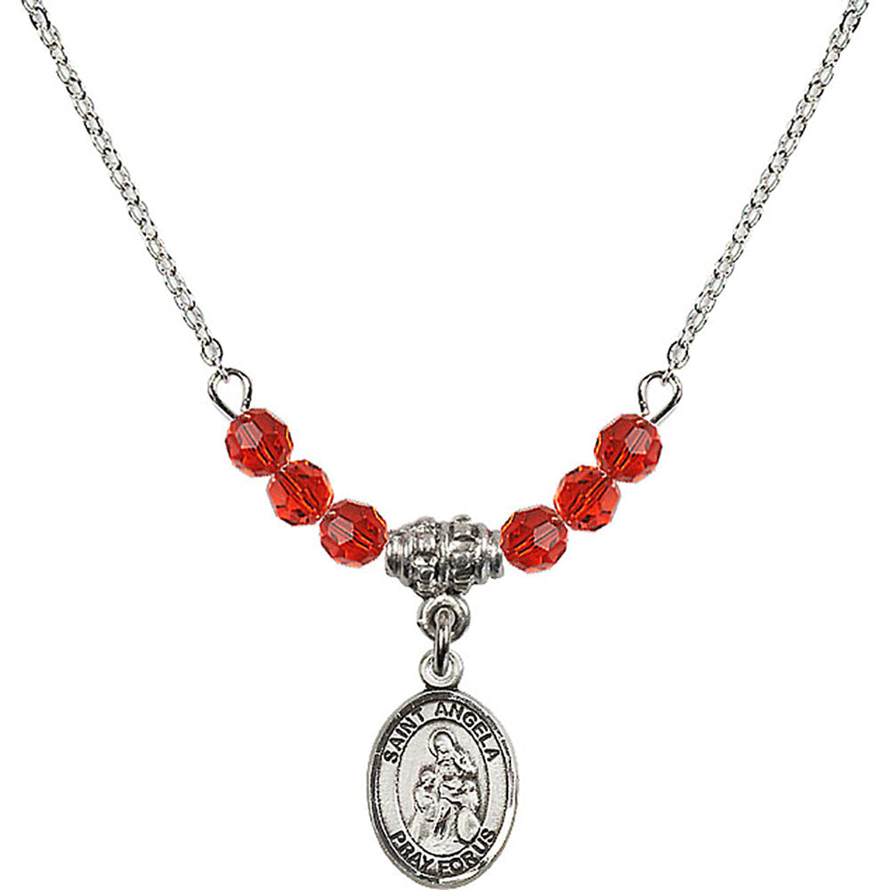 Sterling Silver Saint Angela Merici Birthstone Necklace with Ruby Beads - 9284