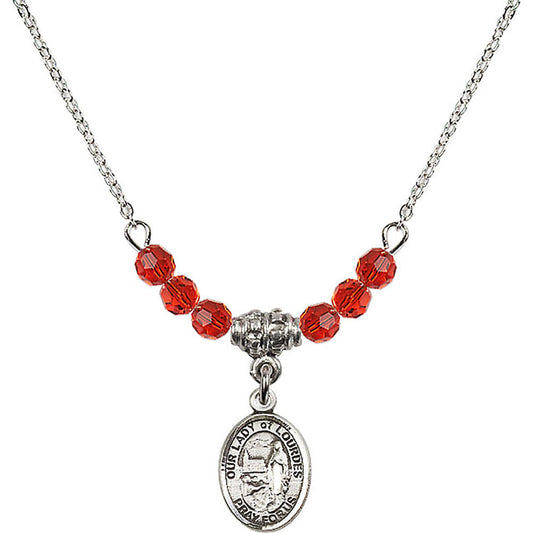 Sterling Silver Our Lady of Lourdes Birthstone Necklace with Ruby Beads - 9288