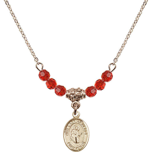 14kt Gold Filled Our Lady of Mercy Birthstone Necklace with Ruby Beads - 9289