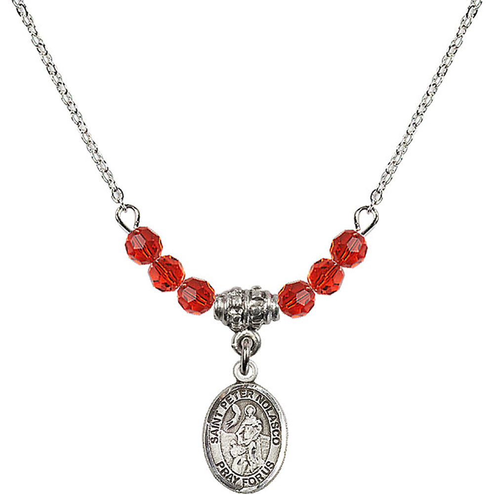 Sterling Silver Saint Peter Nolasco Birthstone Necklace with Ruby Beads - 9291