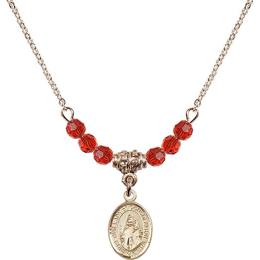 14kt Gold Filled Our Lady of Consolation Birthstone Necklace with Ruby Beads - 9292