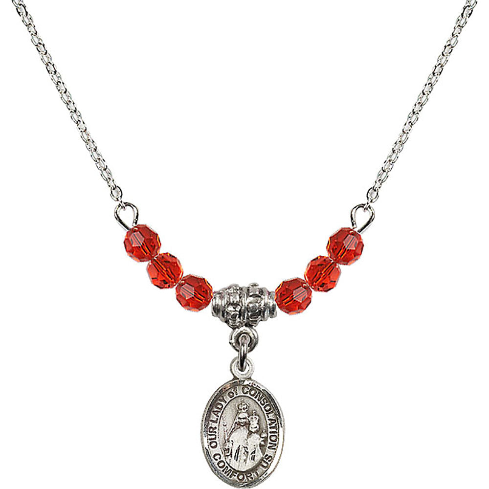 Sterling Silver Our Lady of Consolation Birthstone Necklace with Ruby Beads - 9292