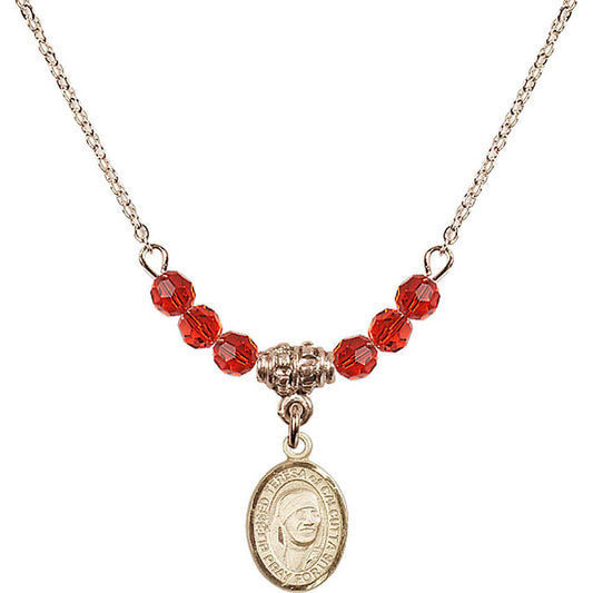 14kt Gold Filled Saint Teresa of Calcutta Birthstone Necklace with Ruby Beads - 9295