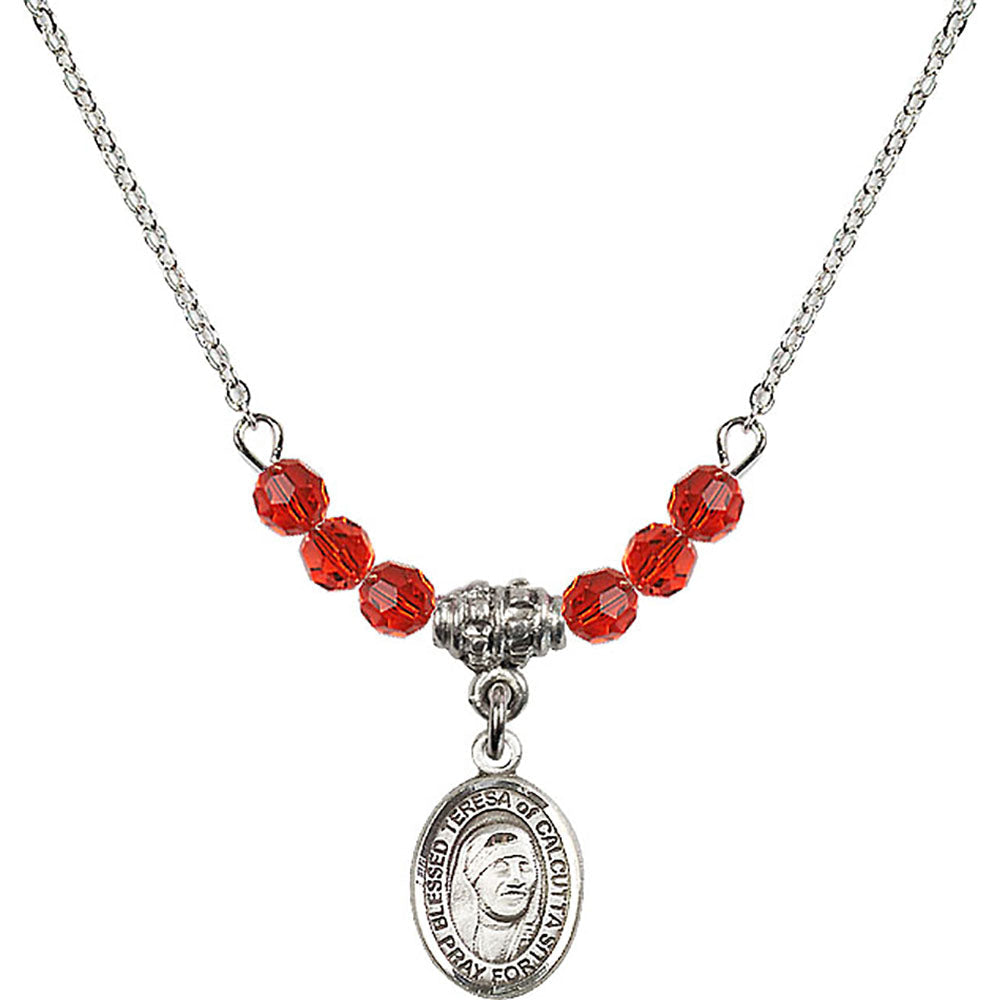 Sterling Silver Saint Teresa of Calcutta Birthstone Necklace with Ruby Beads - 9295