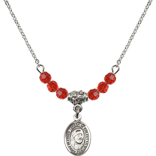 Sterling Silver Saint Teresa of Calcutta Birthstone Necklace with Ruby Beads - 9295