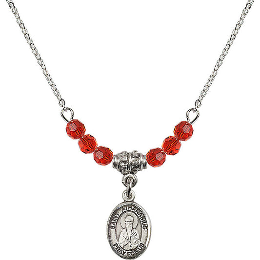 Sterling Silver Saint Athanasius Birthstone Necklace with Ruby Beads - 9296