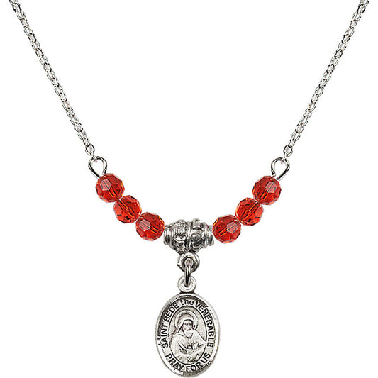 Sterling Silver Saint Bede the Venerable Birthstone Necklace with Ruby Beads - 9302