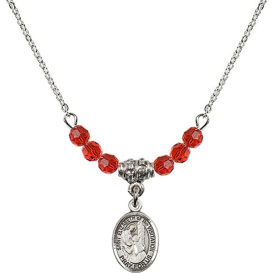 Sterling Silver Saint Elizabeth of the Visitation Birthstone Necklace with Ruby Beads - 9311