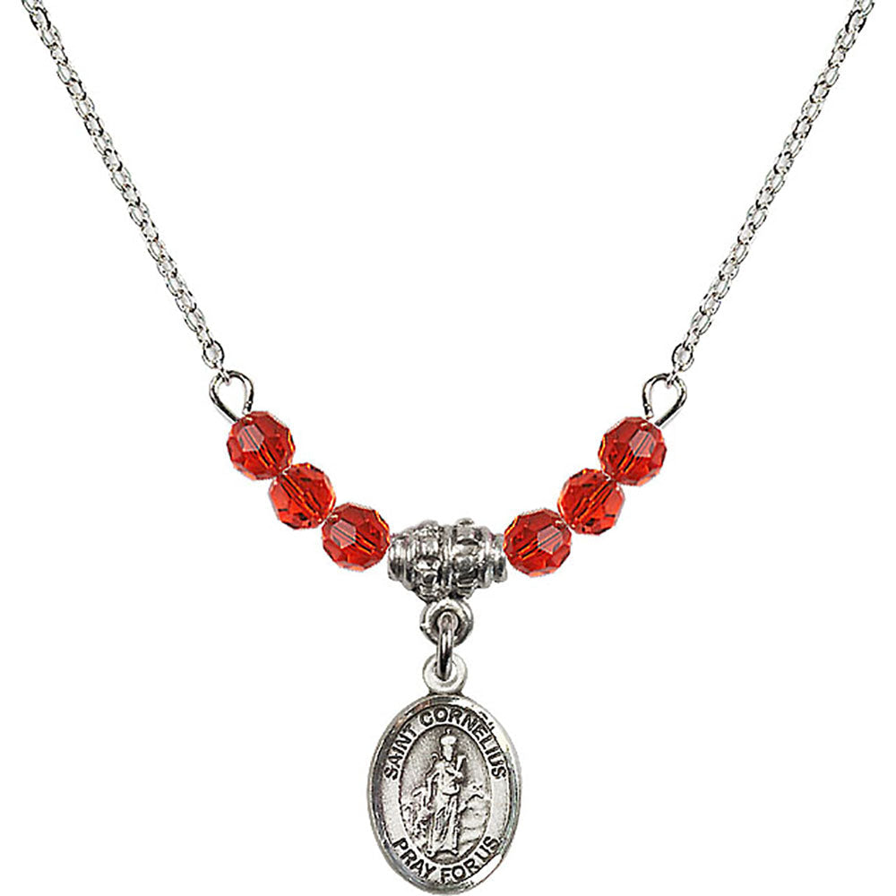 Sterling Silver Saint Cornelius Birthstone Necklace with Ruby Beads - 9325