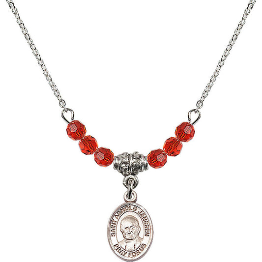 Sterling Silver Saint Arnold Janssen Birthstone Necklace with Ruby Beads - 9328