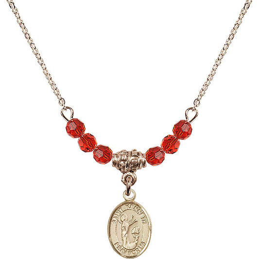 14kt Gold Filled Saint Kenneth Birthstone Necklace with Ruby Beads - 9332