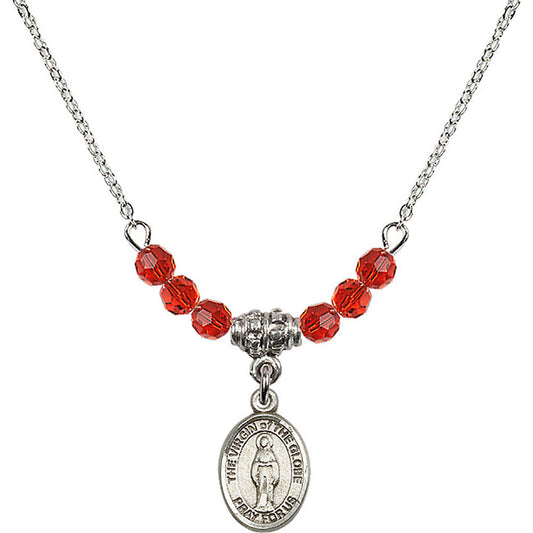 Sterling Silver Virgin of the Globe Birthstone Necklace with Ruby Beads - 9345