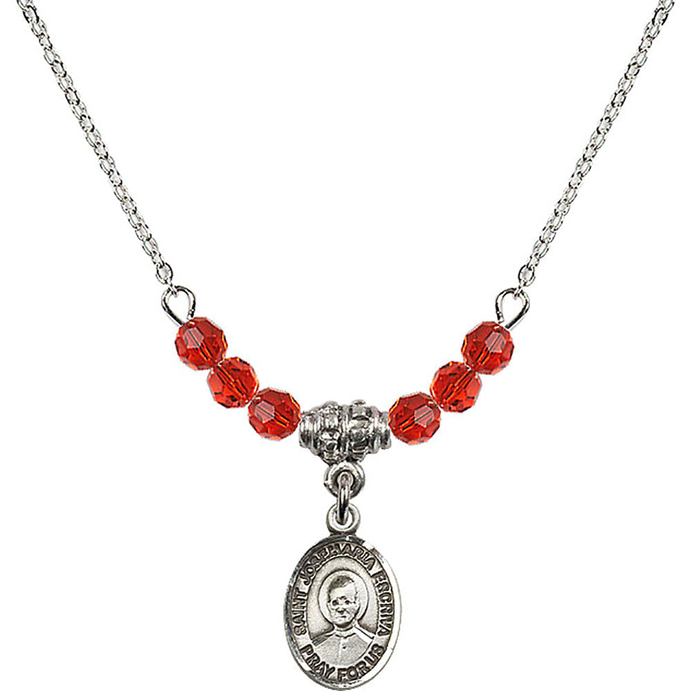 Sterling Silver Saint Josemaria Escriva Birthstone Necklace with Ruby Beads - 9362