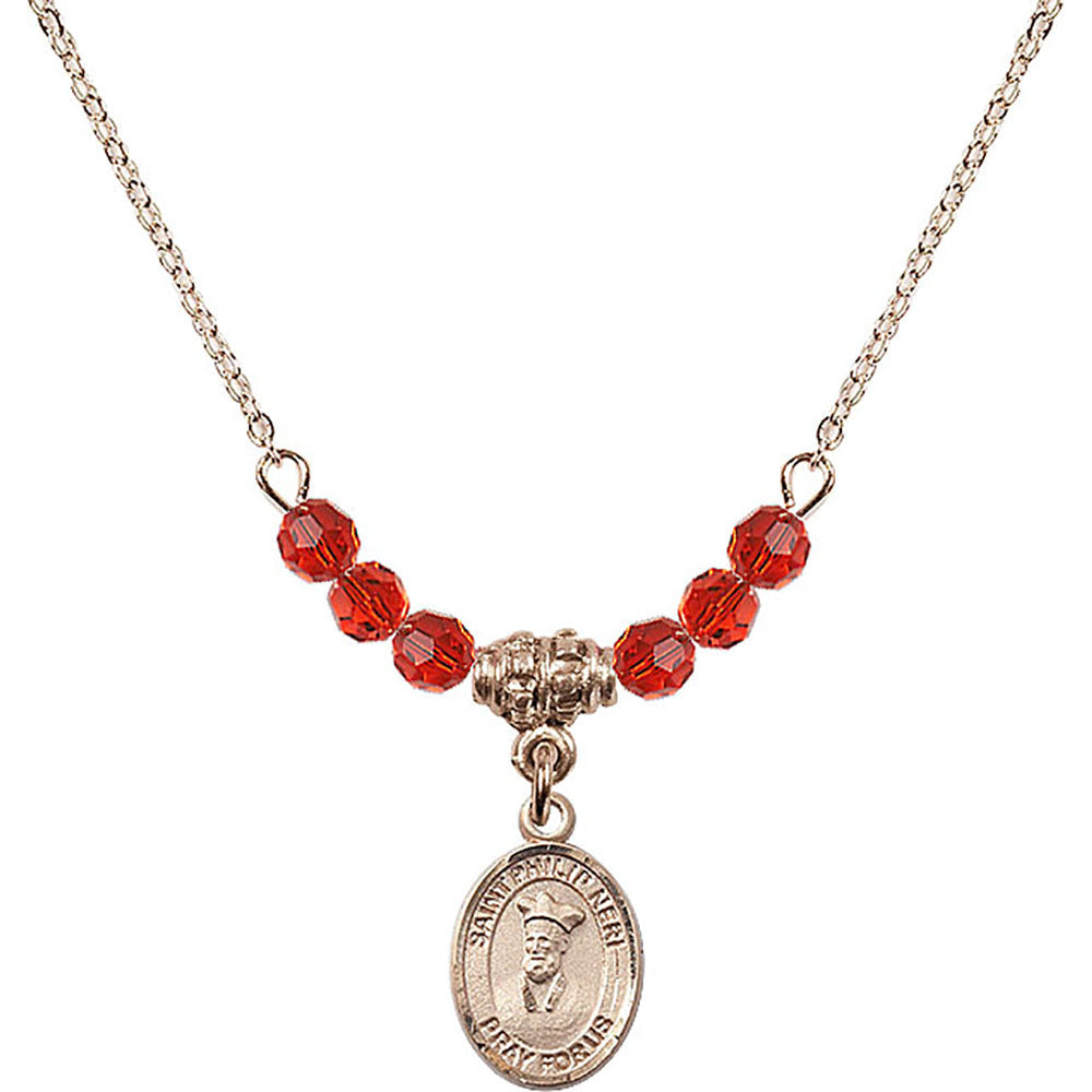 14kt Gold Filled Saint Philip Neri Birthstone Necklace with Ruby Beads - 9369