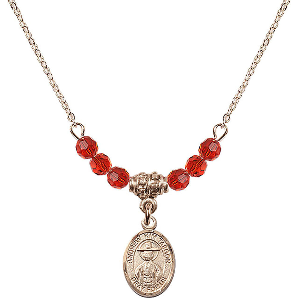 14kt Gold Filled Saint Andrew Kim Taegon Birthstone Necklace with Ruby Beads - 9373