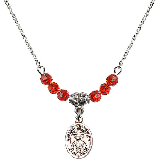 Sterling Silver Saint Andrew Kim Taegon Birthstone Necklace with Ruby Beads - 9373