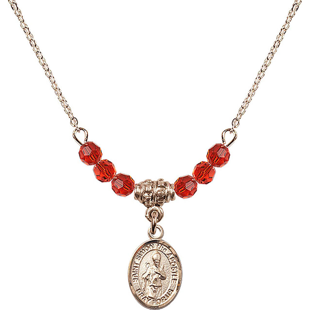 14kt Gold Filled Saint Simon the Apostle Birthstone Necklace with Ruby Beads - 9375
