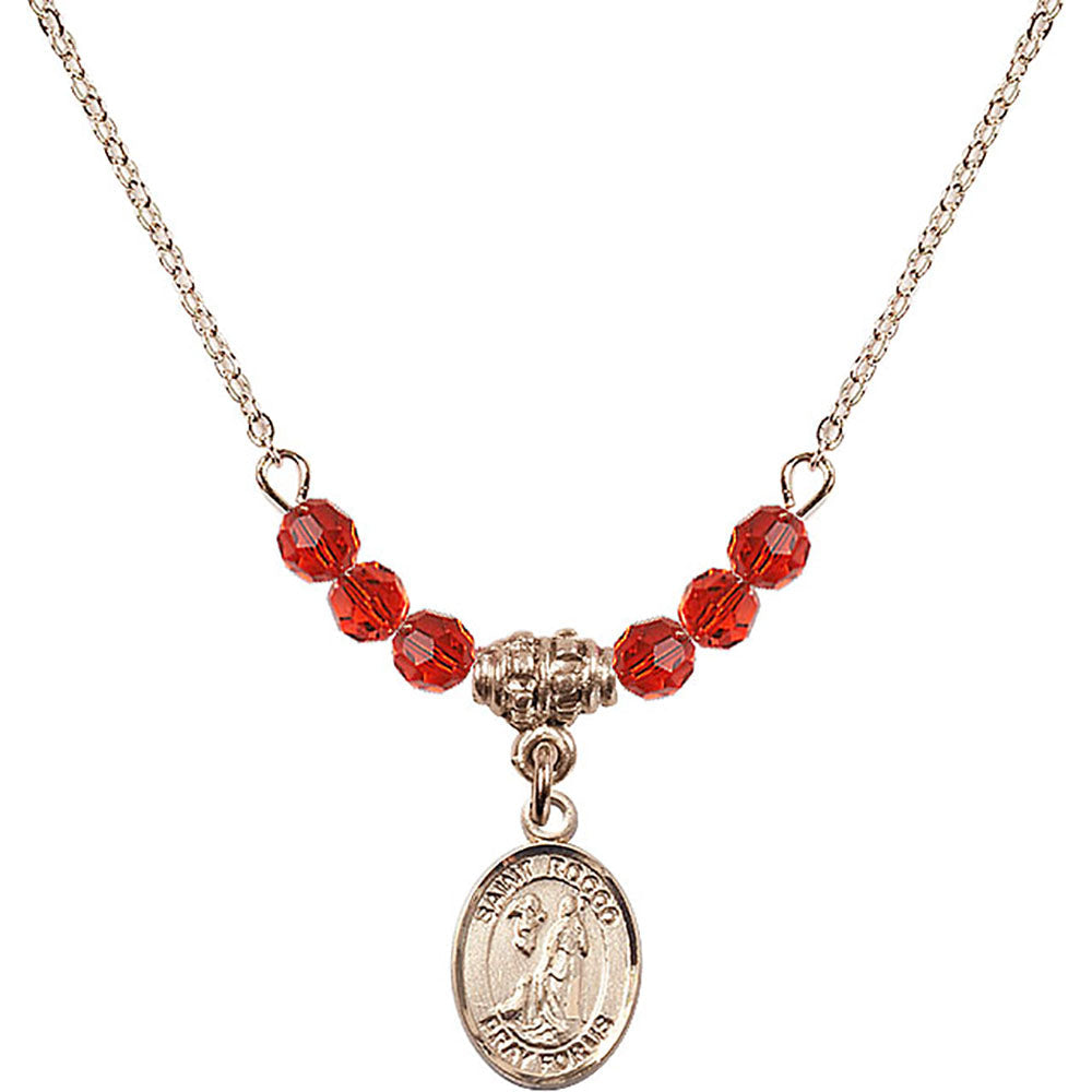 14kt Gold Filled Saint Rocco Birthstone Necklace with Ruby Beads - 9377