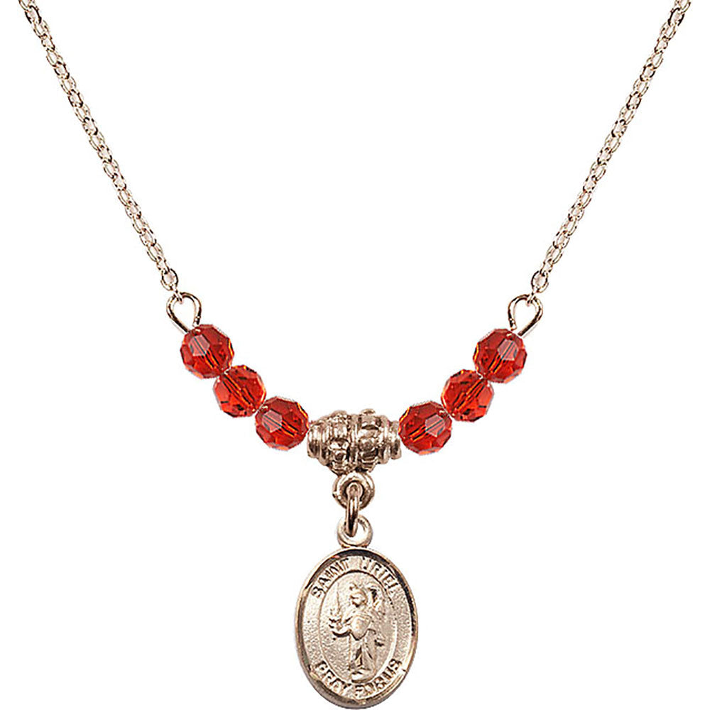 14kt Gold Filled Saint Uriel the Archangel Birthstone Necklace with Ruby Beads - 9378