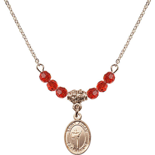 14kt Gold Filled Saint Aidan of Lindesfarne Birthstone Necklace with Ruby Beads - 9381