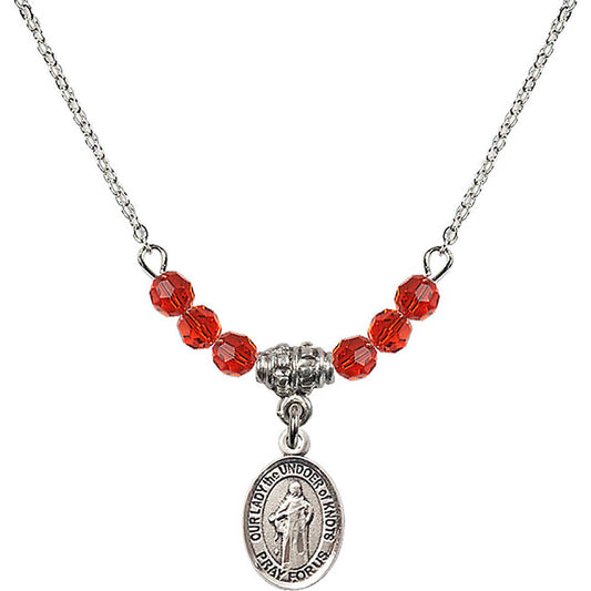 Sterling Silver Our Lady the Undoer of Knots Birthstone Necklace with Ruby Beads - 9383
