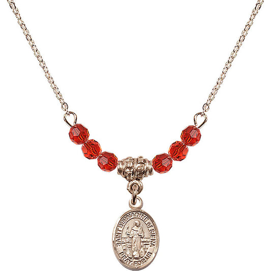 14kt Gold Filled Saint Bernadine of Sienna Birthstone Necklace with Ruby Beads - 9387