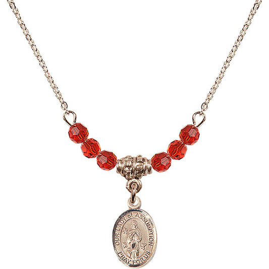 14kt Gold Filled Our Lady of Assumption Birthstone Necklace with Ruby Beads - 9388