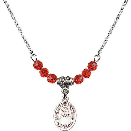 Sterling Silver Saint Pauline Visintainer Birthstone Necklace with Ruby Beads - 9391