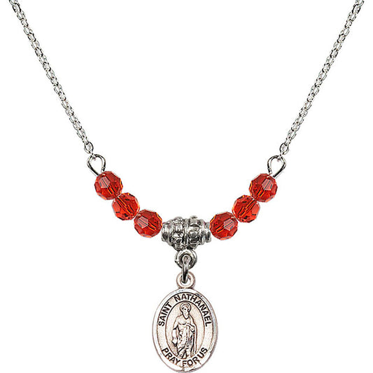 Sterling Silver Saint Nathanael Birthstone Necklace with Ruby Beads - 9398