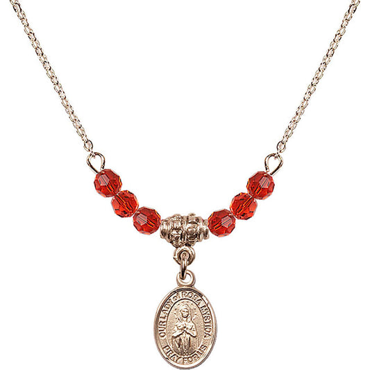 14kt Gold Filled Our Lady of Rosa Mystica Birthstone Necklace with Ruby Beads - 9413