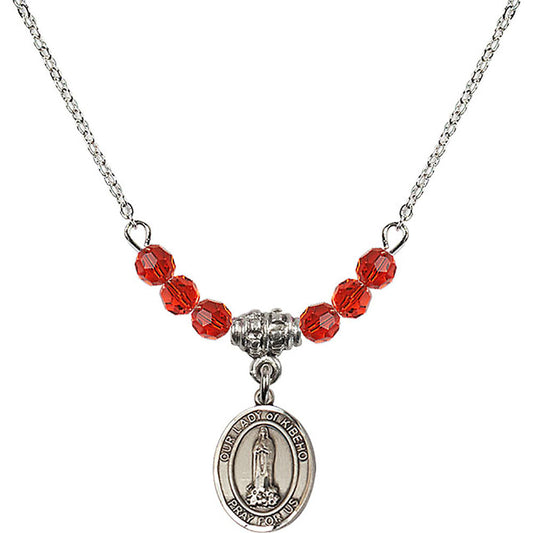 Sterling Silver Our Lady of Kibeho Birthstone Necklace with Ruby Beads - 9414