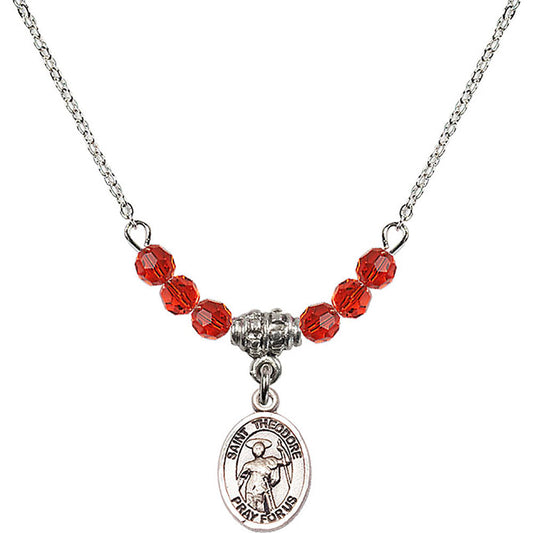 Sterling Silver Saint Theodore Stratelates Birthstone Necklace with Ruby Beads - 9415