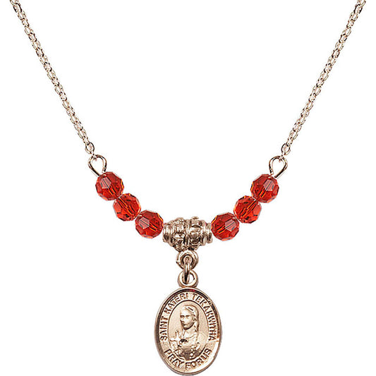 14kt Gold Filled Saint Kateri Tekakwitha Birthstone Necklace with Ruby Beads - 9438
