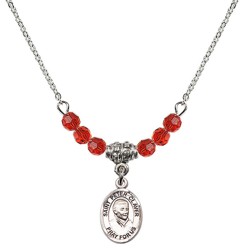 Sterling Silver Saint Peter Claver Birthstone Necklace with Ruby Beads - 9442