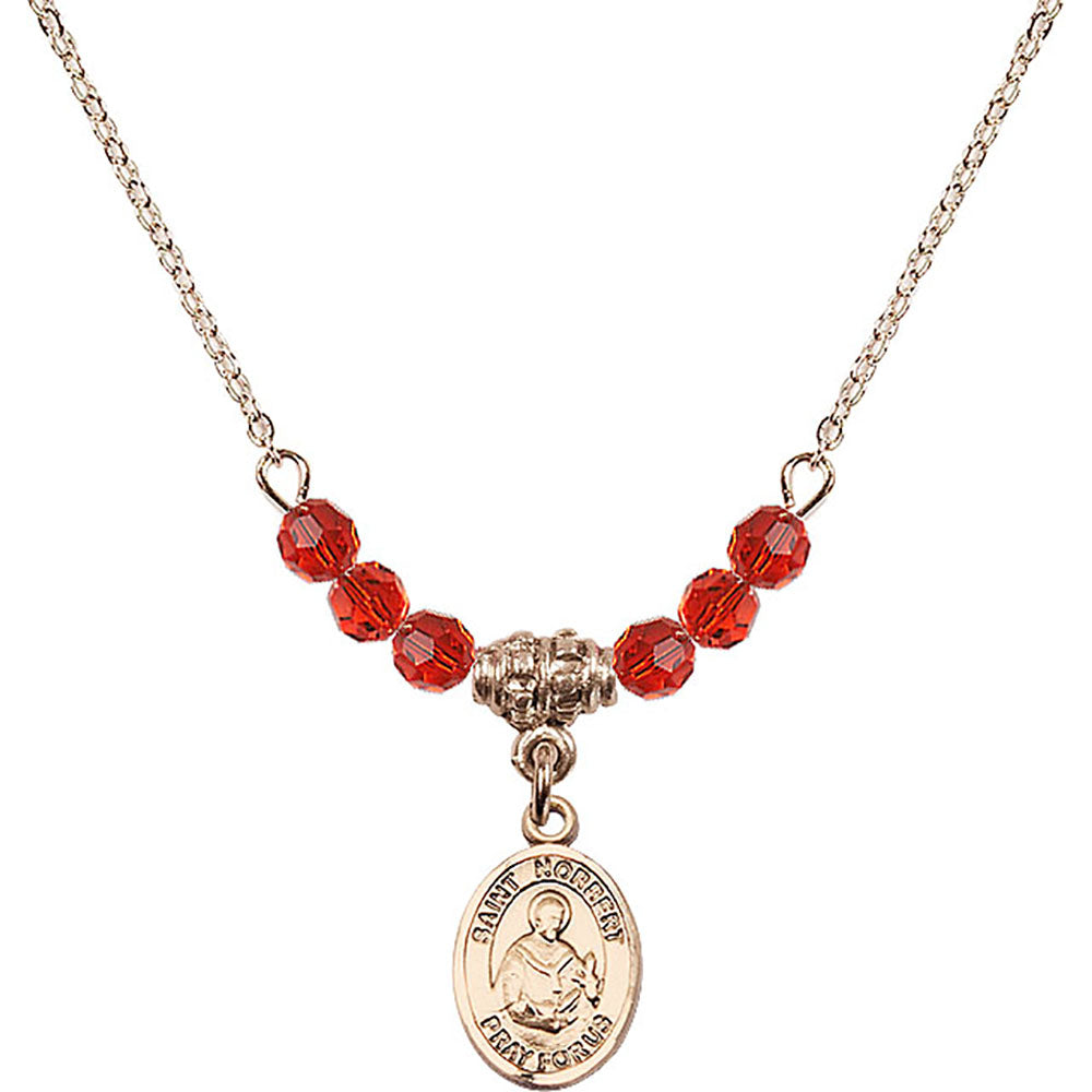 14kt Gold Filled Saint Norbert of Xanten Birthstone Necklace with Ruby Beads - 9447