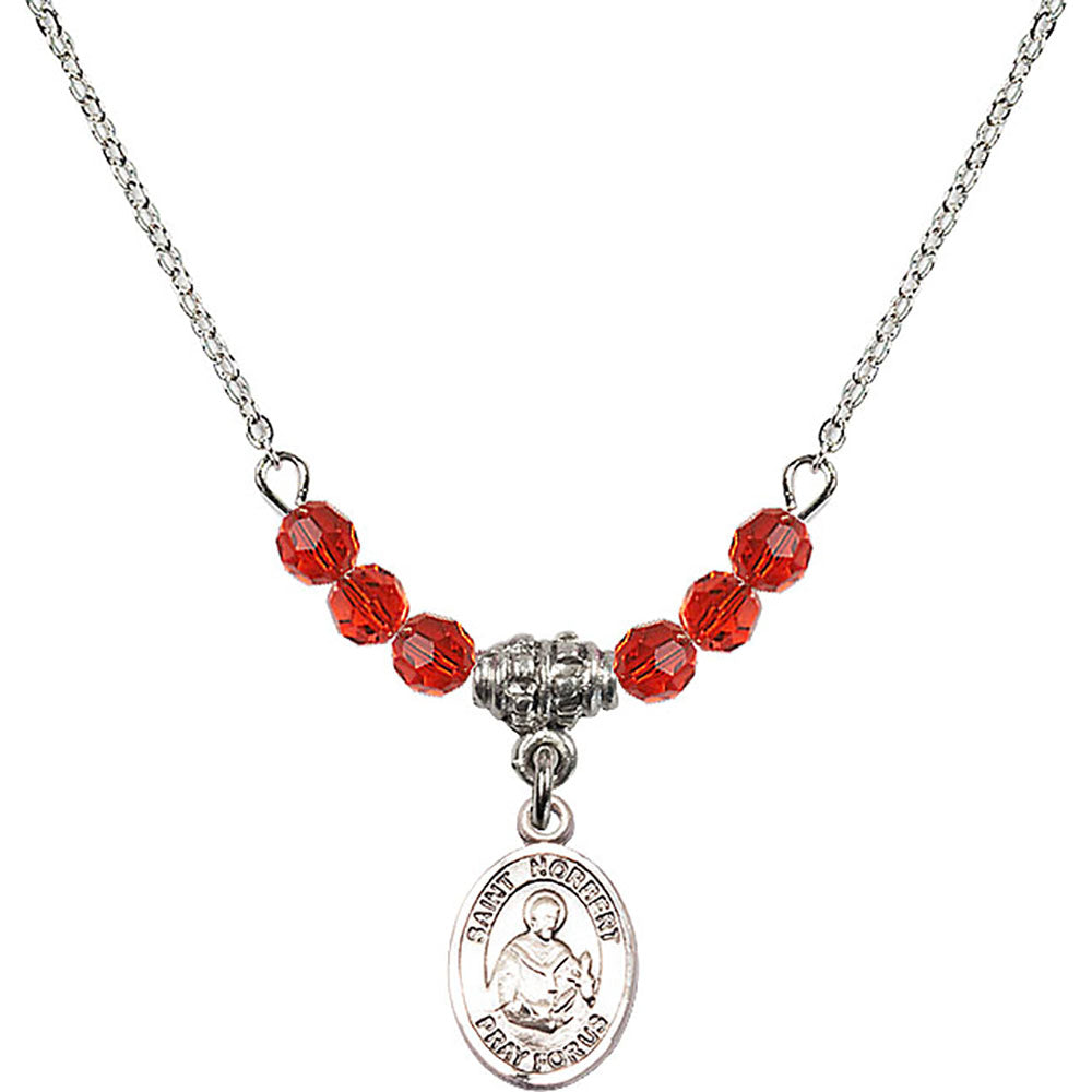 Sterling Silver Saint Norbert of Xanten Birthstone Necklace with Ruby Beads - 9447