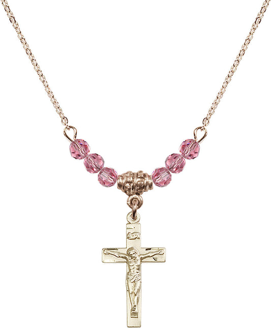 14kt Gold Filled Crucifix Birthstone Necklace with Rose Beads - 0001