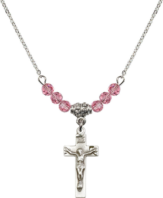 Sterling Silver Crucifix Birthstone Necklace with Rose Beads - 0006