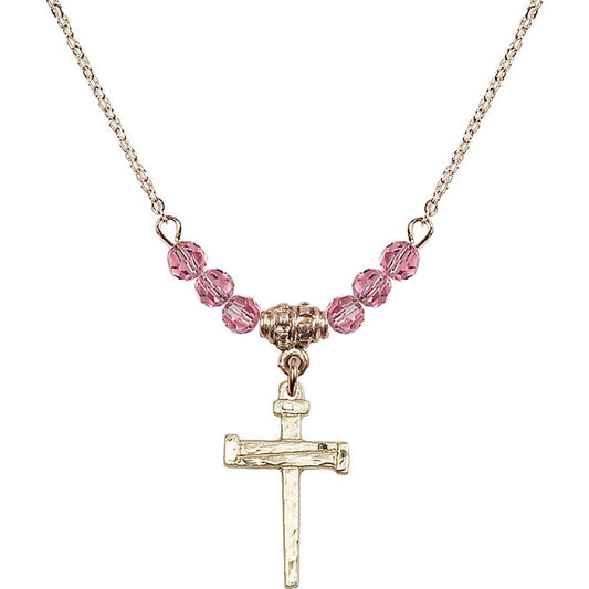 14kt Gold Filled Nail Cross Birthstone Necklace with Rose Beads - 0012