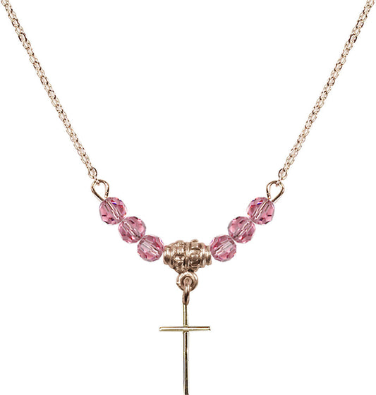 14kt Gold Filled Cross Birthstone Necklace with Rose Beads - 0014