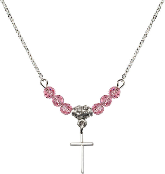 Sterling Silver Cross Birthstone Necklace with Rose Beads - 0014