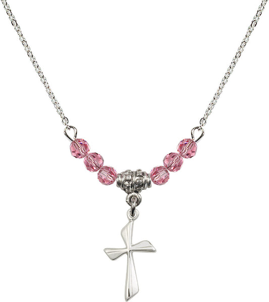 Sterling Silver Cross Birthstone Necklace with Rose Beads - 0016