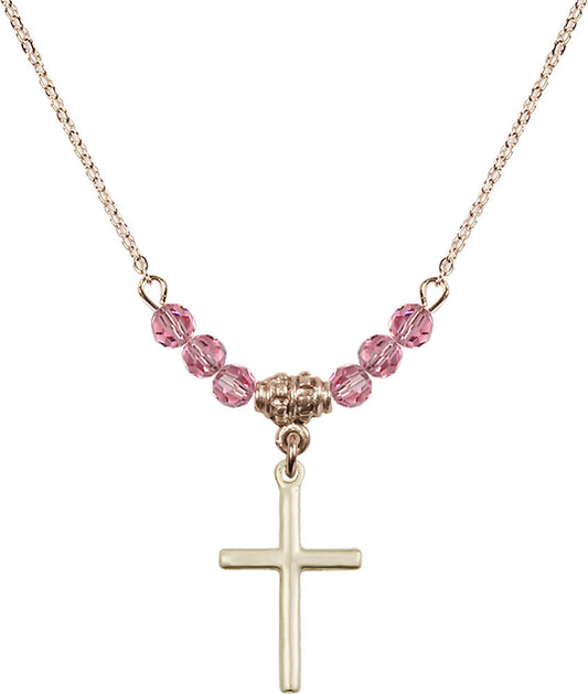 14kt Gold Filled Cross Birthstone Necklace with Rose Beads - 0017