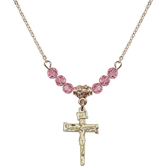 14kt Gold Filled Nail Crucifix Birthstone Necklace with Rose Beads - 0072